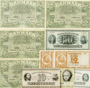 100 kr 1958 3, 1960, Sieg 126, DOP 135, i alt 4 stk. med forskellige underskrifter, øvrige sedler Danmark og udland inkl. 50 kr 1958, Sieg 134, DOP 143