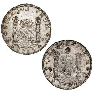 Mexico, 8 Reales 1768, 1769, begge med monteringsspor på rand, 1769 med kinesiske bankers marks