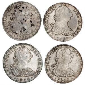 Mexico, 8 Reales 1780, 1789, 1790, 1791med bankers marks, KM 106.2, 107, 108, 109. 4