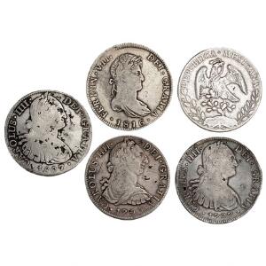 Mexico, Carolus IIII - Republik, 8 reales 1790, 1797, 1807, 1816, 1894, KM 108, 109, 111, 377.2 samt 3 stk. diverse, i alt 8 stk.