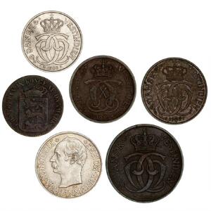 Dansk Vestindien, 1 cent 1879 korroderet, 1, 2, 25 cents 1905, 1 franc 1907, 1 cent 1913, i alt 6 stk.