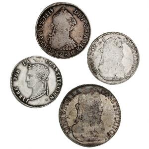 Bolivia, 4 reales 1781, KM 54, 8 soles 1831 JL, KM 97, 4 soles 1830 JL, 1856, KM 96, 123.2, i alt 4 stk.