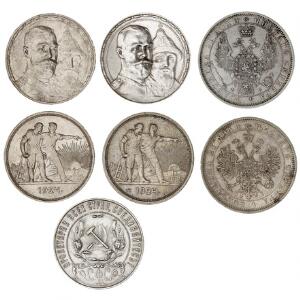Rusland, lille samling Rubler, bl.a. 1856, 1877, 1913 2 stk., 1921, 1924 2, KM 168.1, 25, 70, 84, 90.1, i alt 7 stk. i varierende kvalitet