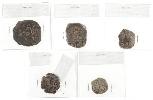Bolivia, Philip II - Fernando VI, lille lot cob-mønter, 1, 2, 4 reales, i alt 5 stk.