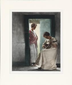 Peter Ilsted To kvinder i en døråbning. 1913. Opus 23. Sign. Peter Ilsted 5037. Mezzotinte i farver. Pladestørrelse 24,8 x 30,2. U.r.
