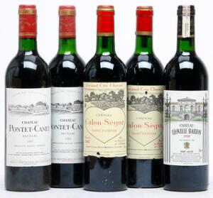 1 bt. Château Léoville Barton, Saint - Julien. 2. Cru Classé 1985 A-AB bn.  etc. Total 5 bts.