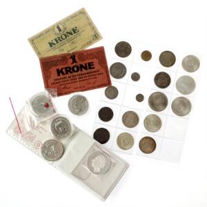 Erindringsmønter 1906 - 1972 10 stk., 200 kr 1990, 1995, 1997 2, øvrige mønter 8 stk. inkl. 2 kr 1915, mindedukat Ag samt sedler 2 stk.