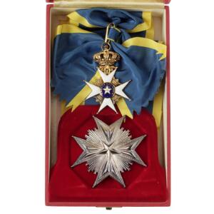 Sverige, Nordstjerneordenen, storkors med bryststjerne, orden og blåtgult skærf, post-1975, i original æske