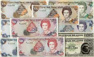 Cayman Islands, lille lot forskellige, nyere ucirkulerede sedler 8 stk. samt Chatham Islands, 5, 8 Dollars 2001, i alt 10 stk.