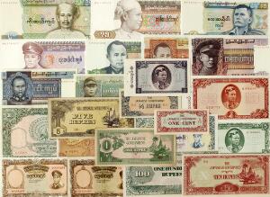 Burma, Bhutan, lille lot forskellige, overvejende ucirkulerede sedler, i alt 42 stk.