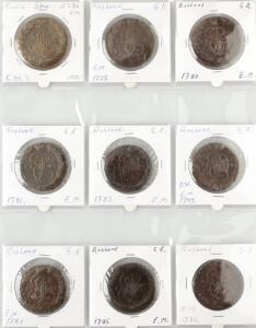 Rusland, 5 Kopeks 1770, 1772, 1780-1795, i alt 18 stk., alle fra Ekaterinburg Mint