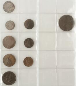 England, lille samling Elisabeth - William IV, 9 stk., flere pæne incl. 6 pence 1787, farthing 1821, 1828, 1837, 12 penny 1827 etc.