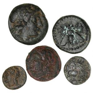 Antikkens Grækenland, Ionien, 5 kobbermønter, 4.-2. århundrede f.Kr., Æ11-18