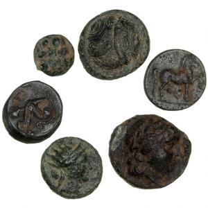 Antikkens Grækenland, Caria, 6 kobbermønter fra Caunus, Iasos, Mylasa3 og Rhodos, ca. 4.-2. århundrede f.Kr., Æ12-17