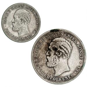 Norge, Oscar II, 2 kr 1878, NM 17, 50 øre 1895, NM 60, i alt 2 stk.