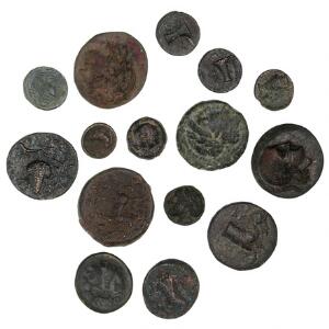 Antikkens Grækenland, Aeolis, 15 kobbermønter, Æ9-19, fra bl.a. Cyme, Elaea og Temnos