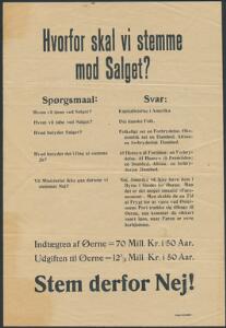 Hvorfor skal vi stemme mod salget Stem derfor nej Løbeseddel fra ca. 1916. 17,5 x 26 cm.