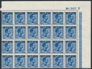 1922. Chr.X. 30 øre, blå. Postfrisk øvre marginal 24-blok. AFA 1440