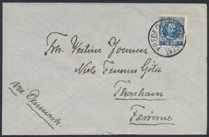 1907. Fr.VIII. 25 Bit, blå. Single frankering på smukt brev sendt til FÆRØERNE, annulleret FREDERIKSTED 31.7.1915. Sjælden destination. Attest Nielsen.