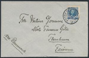 1907. Fr.VIII. 25 Bit, blå. Single frankering på smukt brev sendt til FÆRØERNE, annulleret FREDERIKSTED 31.7.1915. Sjælden destination. Attest Nielsen.