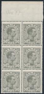 1921. Chr. X, 50 øre grå. Postfrisk 6-BLOK. AFA 1500