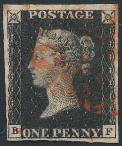England. 1840. One penny, black. B-F BRUDT RAMMELINIE I SYD. Pænt mærke.
