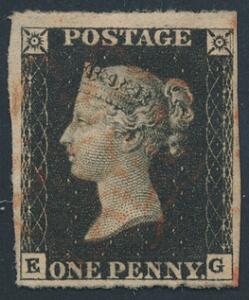 England. 1840. One penny, black. E-G. Pænt mærke.