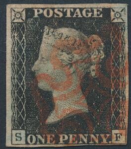 England. 1840. One penny, black. S-F. BLÅT PAPIR. Pænt eksemplar.