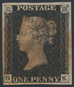 England. 1840. One penny, black. Plade 10. G-K. SG £ 700