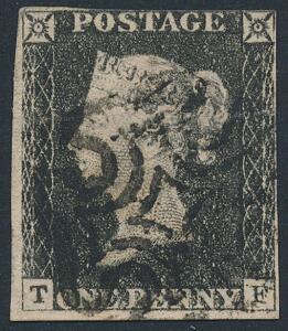 England. 1840. One penny, black. Plade 11. T-F. Beklippet på 2 sider. SG £ 4000