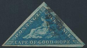 Cape of Good Hope. 1853. 4 d. blue. Paper slightly blued. Smukt bredrandet mærke. SG £ 160