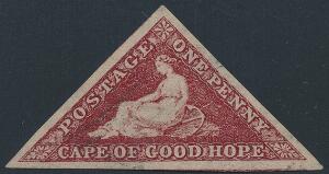 Cape of Good Hope. 1863-64. 1 d. deep brown-red. LIGGENDE VANDMÆRKE. Et smukt og særdeles bredrandet mærke, meget let stemplet. SG £ 300