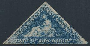 Cape of Good Hope. 1863-64. 4 d. SLATE-BLUE. Smukt eksemplar af denne sjældne nuance og til med annulleret med sjældent BLÅT STEMPEL. SG £ 500