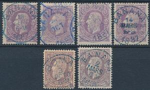 Belgisk Congo. 1886. Leopold. 5 Fr. violet. 4 pæne mærker. Desuden medfølger 2 forfalskninger. Michel EURO 1280
