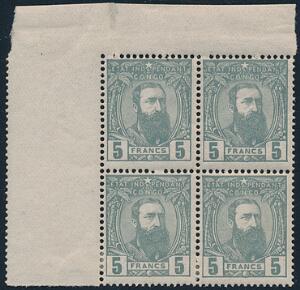 Belgisk Congo. 1892. Leopold. 5 Fr. grå. Ubrugt øvre HJØRNE-MARGINAL 4-BLOK med 2 postfriske mærker. Michel EURO 640