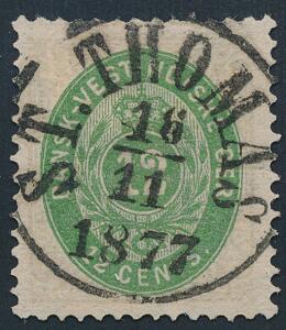 1877. 12 cents, 1.tryk grålillasmaragdgrøn. Et fantastisk mærke med knivskarpt og perfekt placeret stempel ST. THOMAS 16.11.1877. Attest Nielsen. PRAGTEKSEMPL