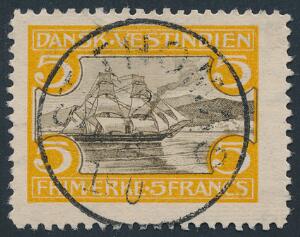 1905. St. Thomas Havn. 5 Fr. gulbrun. PRAGT-mærke med retvendt stempel ST. THOMAS 2.8.190X. Attest Nielsen PRAGTEKSEMPLAR.