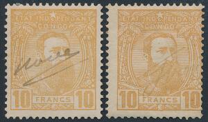 Belgisk Congo. 1887. Leopold. 10 Fr. brunorange. 2 blæk-annullerede mærker.