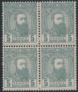 Belgisk Congo. 1892. Leopold. 5 Fr. grå. Ubrugt 4-BLOK. Michel EURO 640
