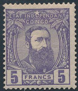 Belgisk Congo. 1887. Leopold. 5 Fr. violet. Farvefrisk ubrugt mærke, hængslet med fuld original gummi. Michel EURO 1300