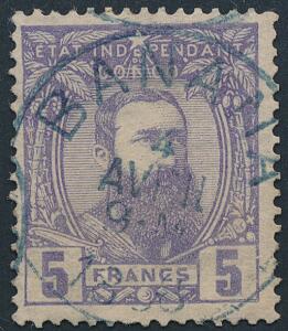 Belgisk Congo. 1887. Leopold. 5 Fr. violet. Smukt mærke med retvendt stempel BANANA. Michel EURO 550