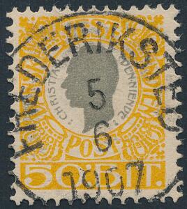1905. Chr.IX. 50 Bit, gulgrå. Retvendt PRAGT-stempel FREDERIKSTED 5.6.1907. Et sjældent mærke i denne kvalitet
