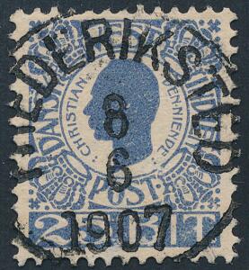 1905. Chr.IX. 25 Bit, blå. Retvendt PRAGT-stempel FREDERIKSTED 8.6.1907. Et sjældent mærke i denne kvalitet