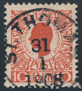 1905. Chr.IX. 10 Bit, rød. Retvendt PRAGT-stempel ST. THOMAS 31.1.1908. Mærket med svag skrå fold.