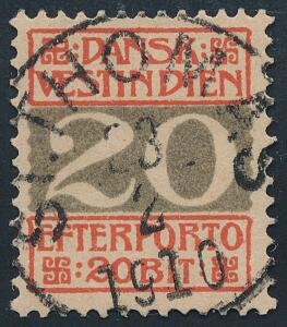 1905. 20 Bit, Porto, grårød. PRAGT-stempel ST. THOMAS 23.2.1910. Et sjældent mærke i denne kvalitet