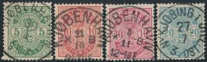 1884. 5-20 øre, Våben. Tk.14. Komplet sæt incl. 10 øre, anilin med PRAGT-stempler.