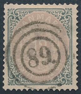 1875. 12 øre violetgrå. PRAGT-mærke med retvendt nr.stempel 89 Marstal.