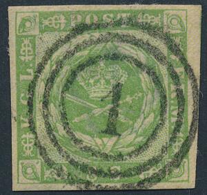 1854. 8 sk. grøn. Bredrandet PRAGT-mærke med retvendt nr.stempel 1.