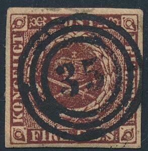 1853. 4 RBS Thiele II, mørk rødbrun. Bredrandet PRAGT-mærke med skarpt og nær retvendt nr.stempel 35 Køge.