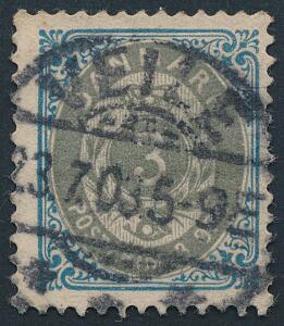 1902. 3 øre, gråblå, vm.III. Omvendt ramme. Smukt mærke med retvendt stempel VEJLE 23.7.03.